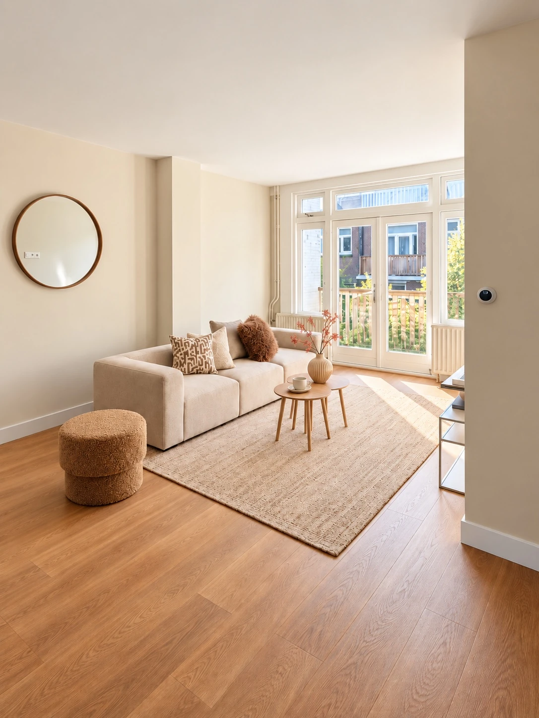 Lichte woonkamer met strakke wandafwerking