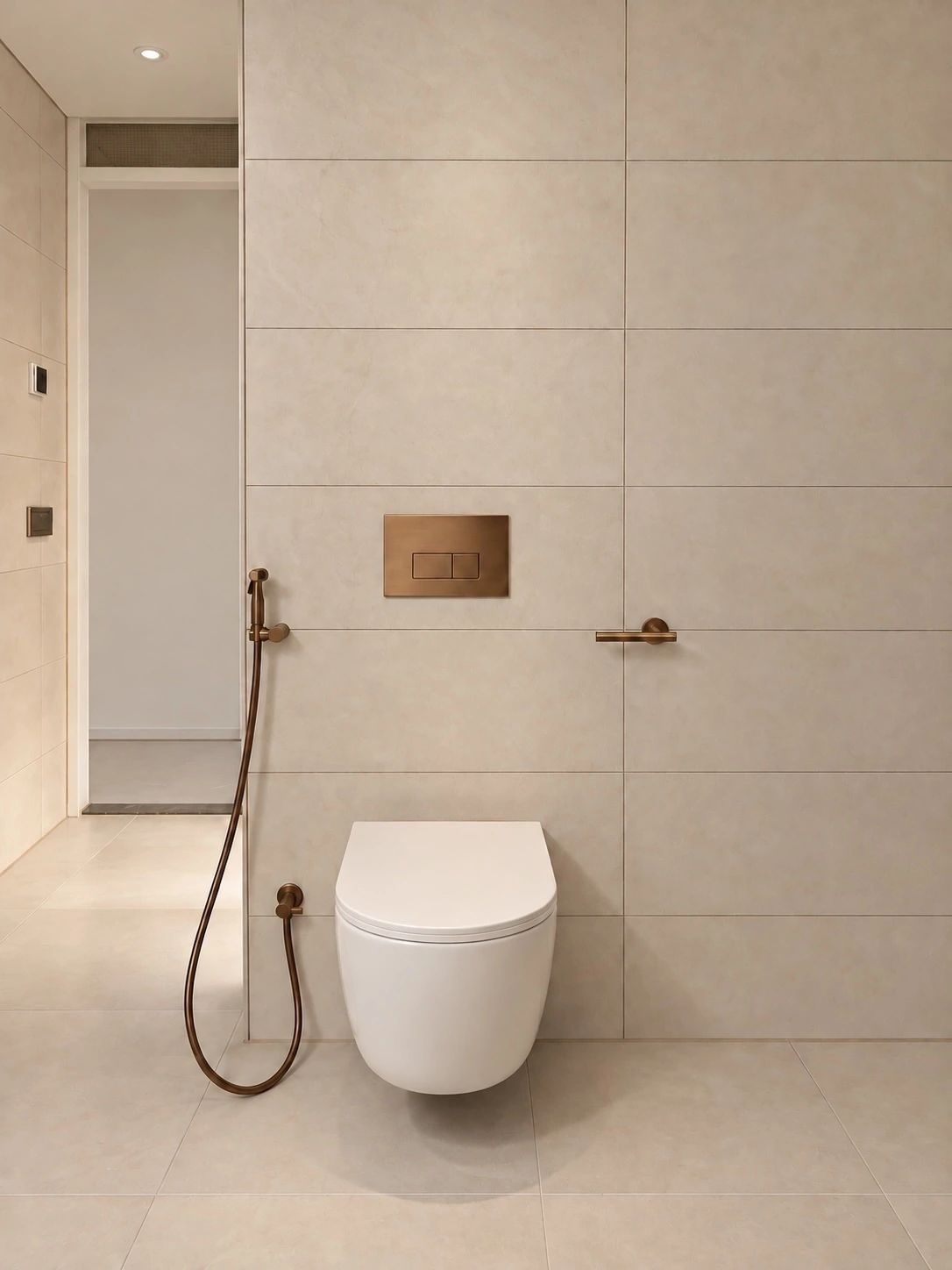 Hangtoilet met beige grootformaat wandtegels en bronzen accessoires