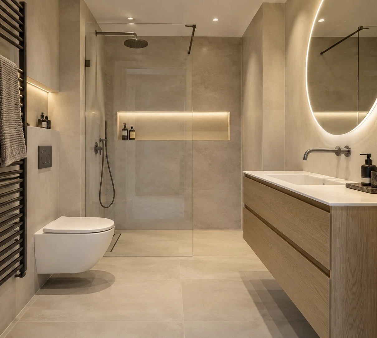 Badkamer met inloopdouche en maatwerk meubel