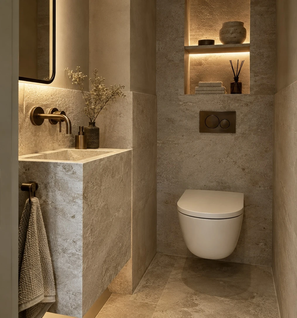 Toiletruimte met steenlook en maatwerk wastafel